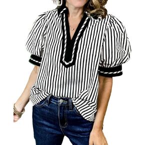whoinshop Women's Puff Sleeve Tops Striped Split V Neck Summer Shirts 2026 Cute Color Block Casual Loose Blouse in Kuwait