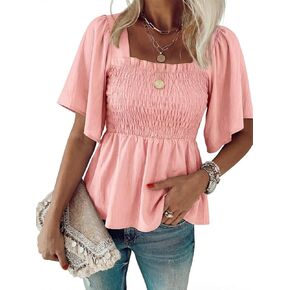 بلوزة نسائية صيفية من HEYTALALA بلوزة بيبلوم برقبة مربعة وكشكشة وأكمام قصيرة بلوزة فضفاضة تناسب بيبي دول 2025 in Kuwait