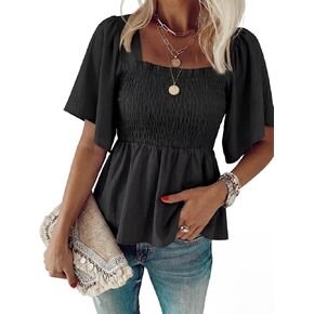 HEYTALALA Womens Summer Smocked Peplum Top Square Neck Ruffle Short Sleeve Blouse Loose Fit Babydoll Shirts 2025 in Kuwait