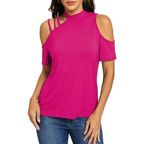LEIYEE Womens Cold Shoulder Tops Sexy Casual Short Sleeve Summer Halter Neck Going Out Concert Party Asymmetrical Shirts in Kuwait