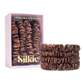 SILKIE x4 Set 100% Pure Mulberry Silk Brown Skinny Scrunchies Travel Pouch Everyday Hair Ties Elastics Hair Care Ponytail Holder No Damage (Praline) in Kuwait