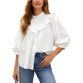 Womens Babydoll Shirts 3/4 Sleeve Button Down Top Ruffle Hem Peplum Tops Loose Fit Cute Blouse in Kuwait