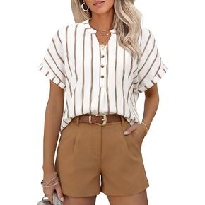 Striped Shirt Women Henley V Neck Button Up Shirt Cap Short Sleeve Blouses Business Dressy Casual Clothes Relaxed Fit in Kuwait