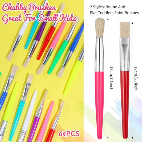 64 Pcs Paint Brushes Sets for Kids Toddler Art Supplies Large Chubby Round and Flat Brush for School Washable Acrylic Oil Paint in Kuwait