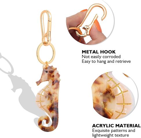 Seahorse Bag Charm & Keychain - Premium Acetate Seahorse with Gold-Tone Metal Ring & Lobster Clasp - Dual Use Accessory in Kuwait