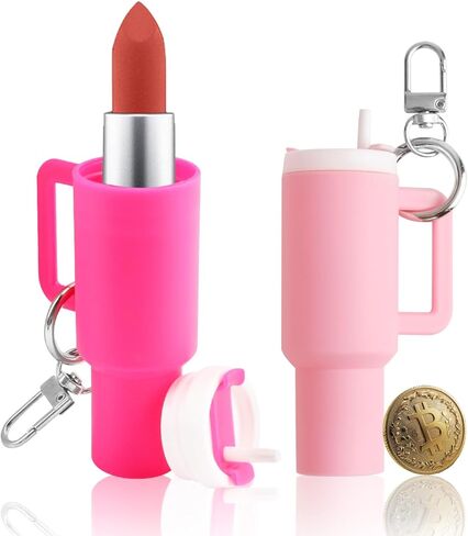 2 Pack Mini Tumbler Keychain with Lip Balm Holder,Cute Cup Charm for Keys, Bags & Wallets(Pink/Rose Red) in Saudi Arabia
