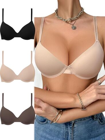 Push Up Underwire Bra, 3PCS Solid Everyday,Push Up T-Shirt, Plunge Full Coverage, Lift Support for Women in Kuwait