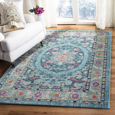 سجادة منطقة مجموعة SAFAVIEH Madison - مقاس 15.24 سم × 22.86 سم، أزرق فاتح وفوشيا، تصميم ميدالية بوهو شيك، لا يتساقط ويسهل العناية به، مثالي للمناطق ذات الحركة العالية في غرفة المعيشة وغرفة النوم (MAD306M) in Saudi Arabia