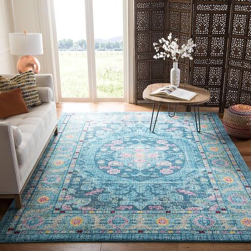 سجادة منطقة مجموعة SAFAVIEH Madison - مقاس 15.24 سم × 22.86 سم، أزرق فاتح وفوشيا، تصميم ميدالية بوهو شيك، لا يتساقط ويسهل العناية به، مثالي للمناطق ذات الحركة العالية في غرفة المعيشة وغرفة النوم (MAD306M) in Saudi Arabia