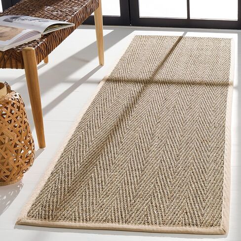 SAFAVIEH Natural Fiber Collection Runner Rug - 2'6" x 12', Natural & Ivory, Seagrass, Herringbone Pattern with Border (NF115J) in Saudi Arabia