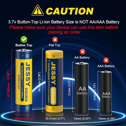 JESSY 2 Pack 3.7Volt Rechargeable Batteries, Button Top 3.7V Battery for LED Flashlights Headlamp 3000mAh High Capacity in Kuwait