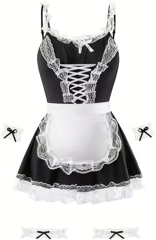 Sexy Adult Exotic Lingerie Set –Cute Maid Outfit with Lace-Trimmed Halter Top, Deep V-Neck & Backless Design for Role-Playing in Saudi Arabia