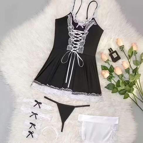 Sexy Adult Exotic Lingerie Set –Cute Maid Outfit with Lace-Trimmed Halter Top, Deep V-Neck & Backless Design for Role-Playing in Saudi Arabia