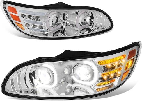 مجموعات المصابيح الأمامية من Auto Dynasty زوج جهاز عرض هالو DRL مزدوج على شكل C مع إشارة انعطاف LED متوافقة مع Peterbilt 325 330 335 337 340 348 382 384 386 387 99-20، كروم in Kuwait
