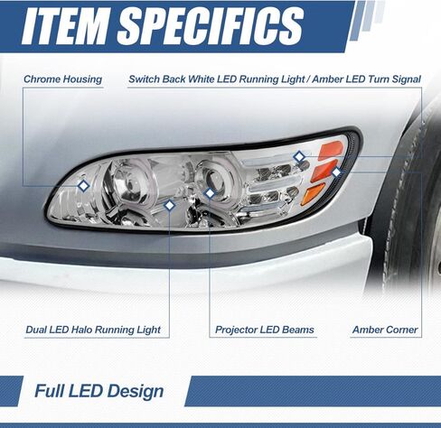 مجموعات المصابيح الأمامية من Auto Dynasty زوج جهاز عرض هالو DRL مزدوج على شكل C مع إشارة انعطاف LED متوافقة مع Peterbilt 325 330 335 337 340 348 382 384 386 387 99-20، كروم in Kuwait