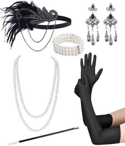 1920s Flapper Roraing 20s Costume Accessories Set – Flapper Feather Headband, Earrings, Pearl Necklace Bracelet in Kuwait