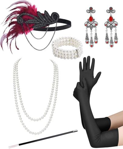 1920s Flapper Roraing 20s Costume Accessories Set – Flapper Feather Headband, Earrings, Pearl Necklace Bracelet in Saudi Arabia