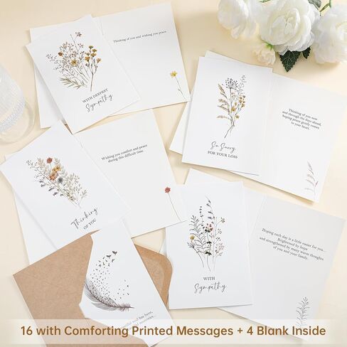 Sympathy Cards with Envelopes and Stickers 20 Pack Condolence Cards for Bereavement, Thinking of You, Sorry for your Loss Card - Floral and Feather Dove Assortment with Heartfelt Note in Kuwait