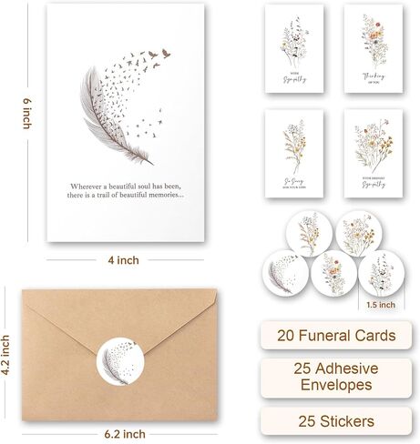 Sympathy Cards with Envelopes and Stickers 20 Pack Condolence Cards for Bereavement, Thinking of You, Sorry for your Loss Card - Floral and Feather Dove Assortment with Heartfelt Note in Kuwait