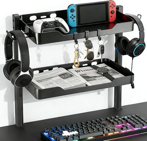 مشبك ذو طبقتين على رف المكتب، منظم مكتب ثنائي الأغراض (يستخدم في أو تحت المكتب)، مشبك رف مكتب مع خطافات وقدرة تحمل عالية، مناسب لمكتب المكتب، وملحقات الألعاب in Kuwait