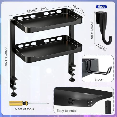 مشبك ذو طبقتين على رف المكتب، منظم مكتب ثنائي الأغراض (يستخدم في أو تحت المكتب)، مشبك رف مكتب مع خطافات وقدرة تحمل عالية، مناسب لمكتب المكتب، وملحقات الألعاب in Kuwait