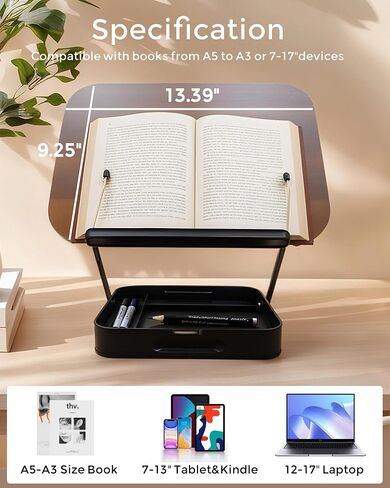 Adjustable Book Stand with Storage, 360° Rotating Base Cookbook Holder, Adjustable Foldable, Multifunctional Desktop Reading Rack for Cookbooks, Recipes, Tablets/Laptops in Kuwait