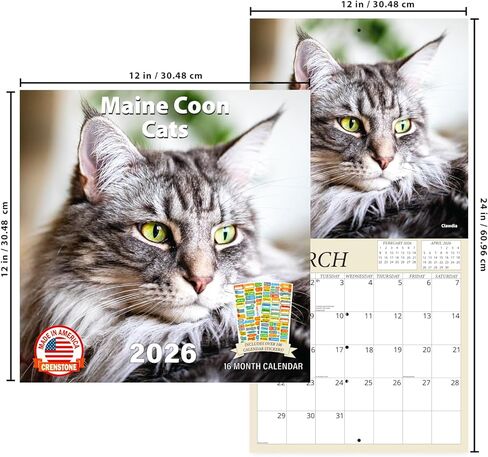 Maine Coon Cats Calendar 2026 - Maine Coon Kittens 2026 Wall Calendar, Includes 100+ Reminder Stickers | 12" x 24" Open | Giftable | Made in The USA in Kuwait