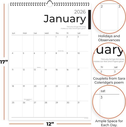 2026 Calendar, 12 Months, January to December, 17" x 12", Large Wall Calendar 2026 with Hanger, Calendar 2026 for Wall, 2026 Calendar Planner, Thick Paper, Spiral Binding, Sleek Business Design. in Kuwait