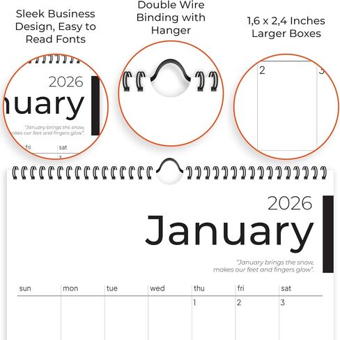 2026 Calendar, 12 Months, January to December, 17" x 12", Large Wall Calendar 2026 with Hanger, Calendar 2026 for Wall, 2026 Calendar Planner, Thick Paper, Spiral Binding, Sleek Business Design. in Kuwait