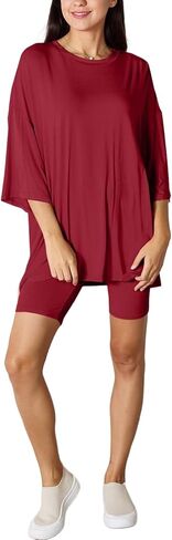 Women's Casual Two-Piece Set Solid Color Oversized Top With Three-Quarter Sleeves And Soft Comfy Shorts Round Neck in Kuwait