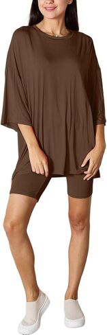 Women's Casual Two-Piece Set Solid Color Oversized Top With Three-Quarter Sleeves And Soft Comfy Shorts Round Neck in Saudi Arabia