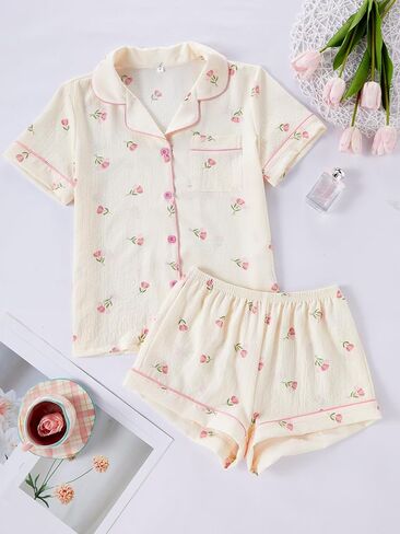 Women's 2 Piece Print Pajama Sets Short Sleeve Button Down Shirt and Shorts Lounge Set Pjs in Saudi Arabia