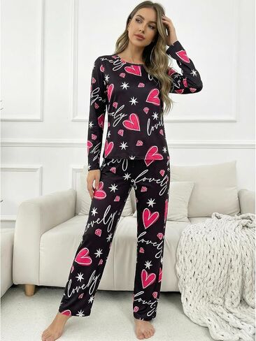 Womens Heart Print Pajama Set, 2 Piece Lounge Sleep Set, Long Sleeve Crew Neck Pullover Top and Long Pants Matching Pajamas in Saudi Arabia