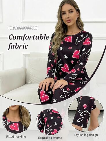 Womens Heart Print Pajama Set, 2 Piece Lounge Sleep Set, Long Sleeve Crew Neck Pullover Top and Long Pants Matching Pajamas in Saudi Arabia