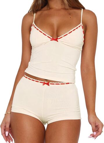 Aonoapll Women Y2k Sexy Pajama Set 2 Piece V Neck Cami Top and Shorts Cute Pjs Lace Trim Bow Sleepwear Loungewear in Kuwait