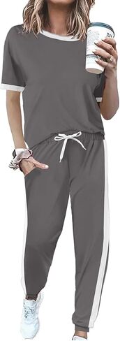 Women 2 Piece Outfits 2026 Summer Casual Sweatsuits Short Sleeve Top Lounge Sets Long Pants Tracksuits Set with Pocket in Saudi Arabia