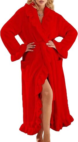 رداء مكشكش للنساء لطيف منفوش من القطيفة، رداء حمام طويل ناعم ودافئ، ملابس نوم in Kuwait