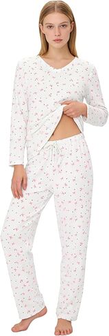 LYCY Women’s Soft Stretch Pajama Set, Long Sleeve Rib Knit Sleepwear, Cozy Breathable 2-Piece Pjs Set with Bow Print in Kuwait