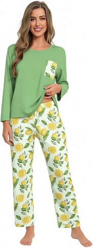 Women's Soft Loose Fit Sleepwear Set T-Shirt & Wide-Leg Pants 2-Piece Pajamas Cute Print for Spring Fall Lounge in Saudi Arabia