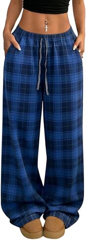 Women's Plaid Checkered Pants Flannel Pajama Pants Lounge Wide Leg Baggy Drawstring Sleep Pants with Pockets in Saudi Arabia