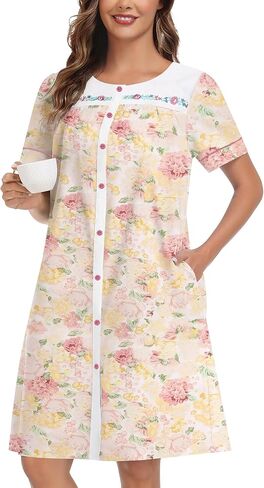 YOZLY 100% Cotton Housecoat for Women Short Sleeve Embroidered Duster Robe Button Front with Pockets House Dress S-3XL in Kuwait