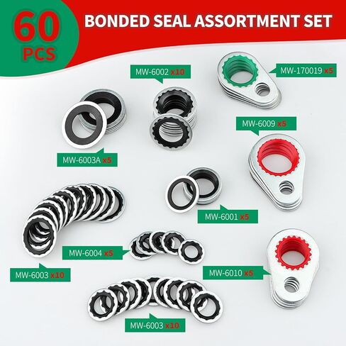 60 PCS A/C System Compressor Gasket Seals, 9 Sizes Automotive Air Conditioning Compressor Port Seal Washer Kit, Universal Repairs Gasket Bonded Seal Assortment Set in Kuwait