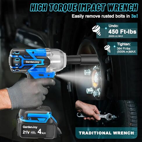 مفتاح ربط صدمي لاسلكي 1/2 بدون فرش، مسدس تأثير بقوة 21 فولت مع 3 سرعات متغيرة، أقصى عزم دوران 450 قدم رطل (600 نيوتن متر)، بطارية وشاحن 4.0 أمبير، 6 قطع مقابس صدمية، مفتاح ربط كهربائي لمنزل السيارة in Kuwait