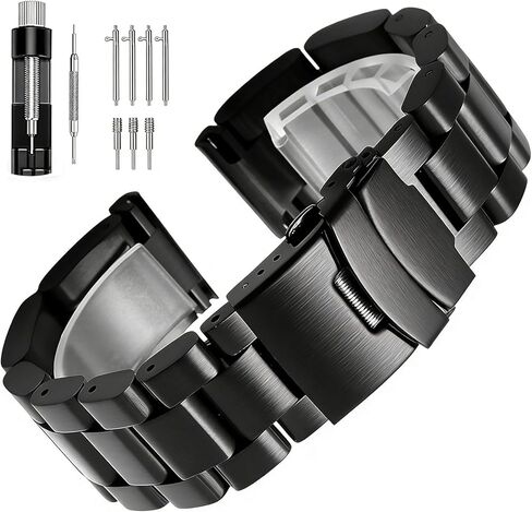 Stainless Steel Watch Band Heavy Duty Brushed Finish Metal Watch Strap 22mm/24mm Double Buckle Bracelet Silver Replacement Band in Kuwait