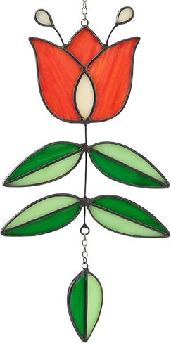 Vintage Flower Stained Glass Window Hanging, Mid Century Tulip Suncatcher, Modern Art with Folk Design, Handmade Sun Catcher Gifts for Plant Lovers, 9.4" x 4.7" in Saudi Arabia