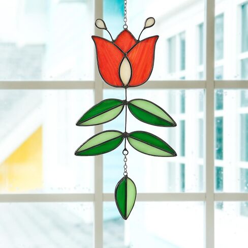 Vintage Flower Stained Glass Window Hanging, Mid Century Tulip Suncatcher, Modern Art with Folk Design, Handmade Sun Catcher Gifts for Plant Lovers, 9.4" x 4.7" in Saudi Arabia
