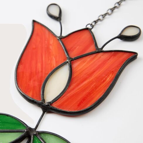 Vintage Flower Stained Glass Window Hanging, Mid Century Tulip Suncatcher, Modern Art with Folk Design, Handmade Sun Catcher Gifts for Plant Lovers, 9.4" x 4.7" in Saudi Arabia