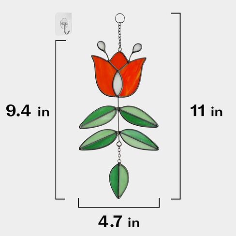 Vintage Flower Stained Glass Window Hanging, Mid Century Tulip Suncatcher, Modern Art with Folk Design, Handmade Sun Catcher Gifts for Plant Lovers, 9.4" x 4.7" in Saudi Arabia