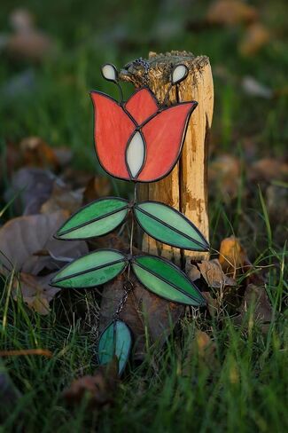 Vintage Flower Stained Glass Window Hanging, Mid Century Tulip Suncatcher, Modern Art with Folk Design, Handmade Sun Catcher Gifts for Plant Lovers, 9.4" x 4.7" in Saudi Arabia