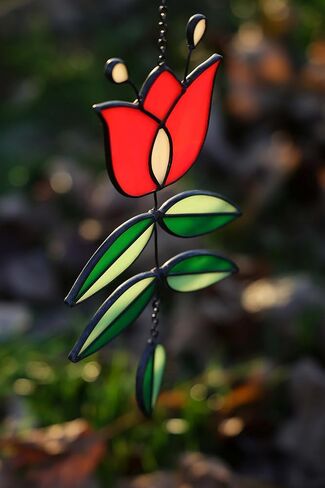 Vintage Flower Stained Glass Window Hanging, Mid Century Tulip Suncatcher, Modern Art with Folk Design, Handmade Sun Catcher Gifts for Plant Lovers, 9.4" x 4.7" in Saudi Arabia